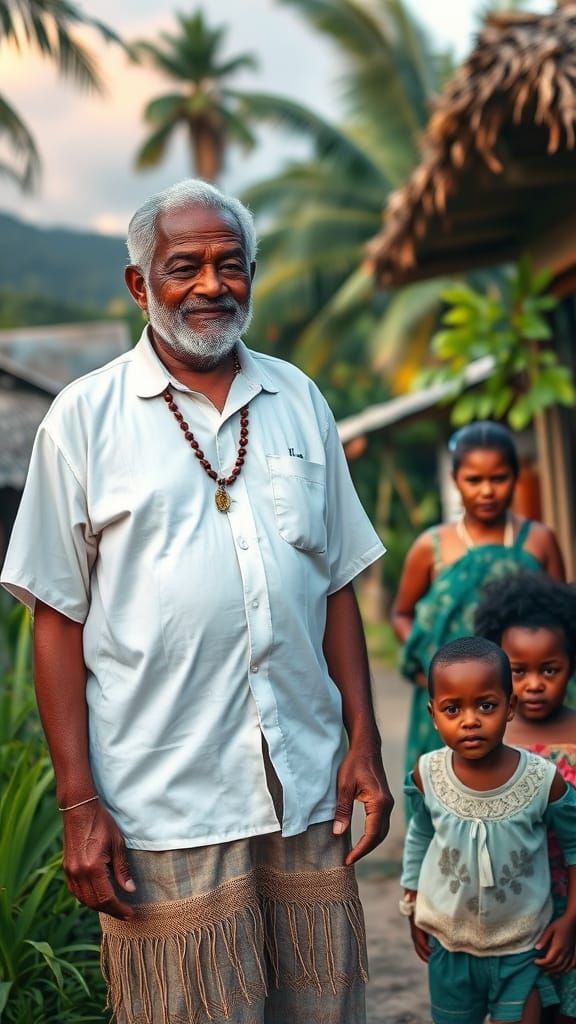 Samoan Pastor in Tropical Village, Guiding Needy Family with...