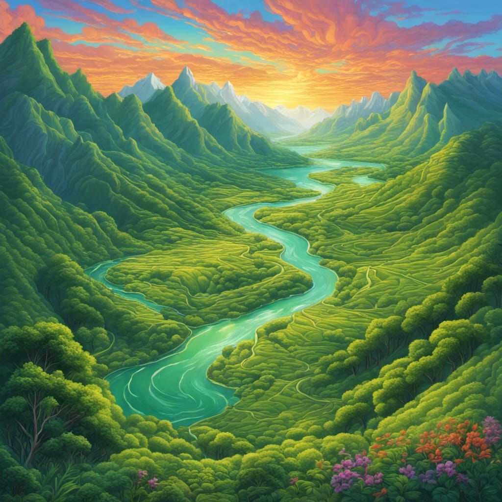 Sunrise Over Green Valley With Sinuous River