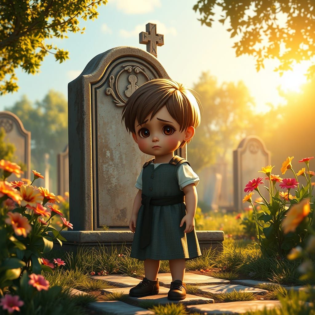 European Child Mourns in a Serene Cemetery Landscape