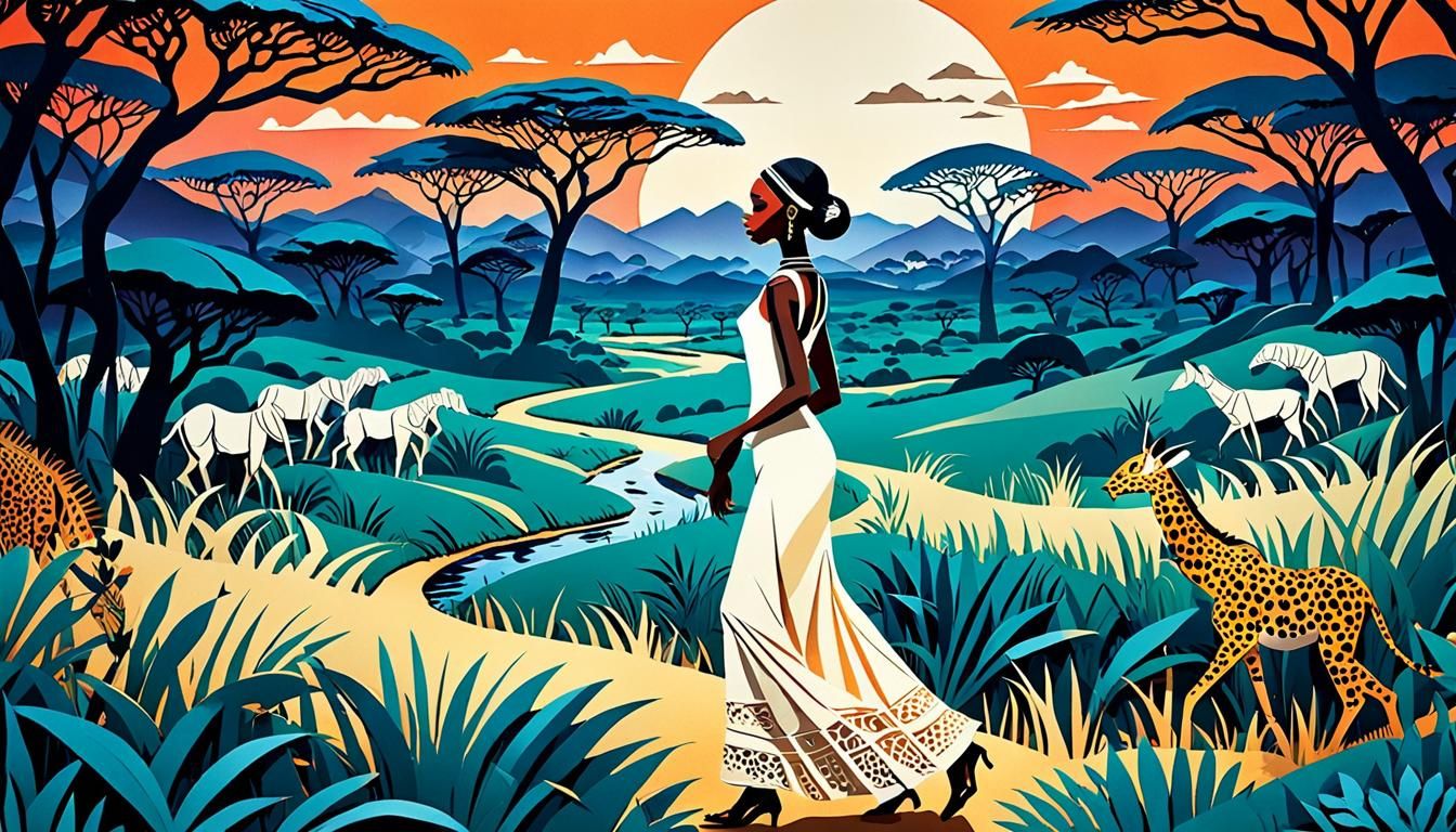 Elegant Woman in African Savannah: Fauvist Paper-Cut Animati...