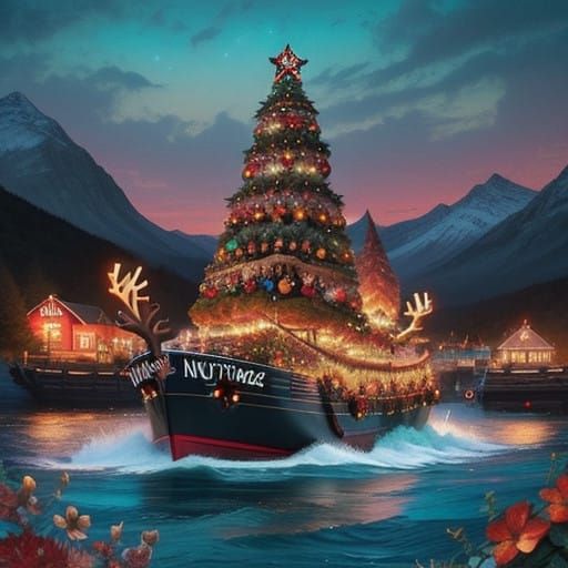 Vibrant Whimsical Reindeer Santa Ship in Colorful Dreamscape