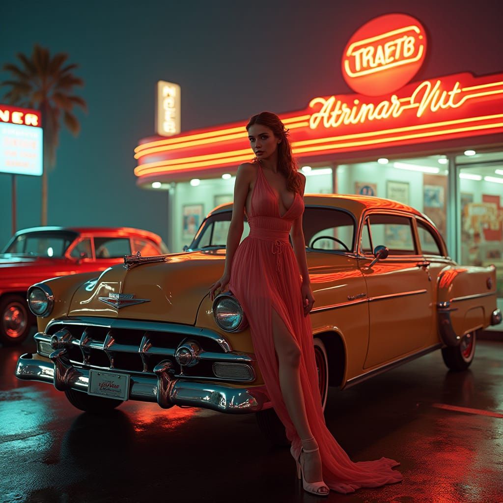 Models and Cars in Retro-Futuristic Neon Ambiance