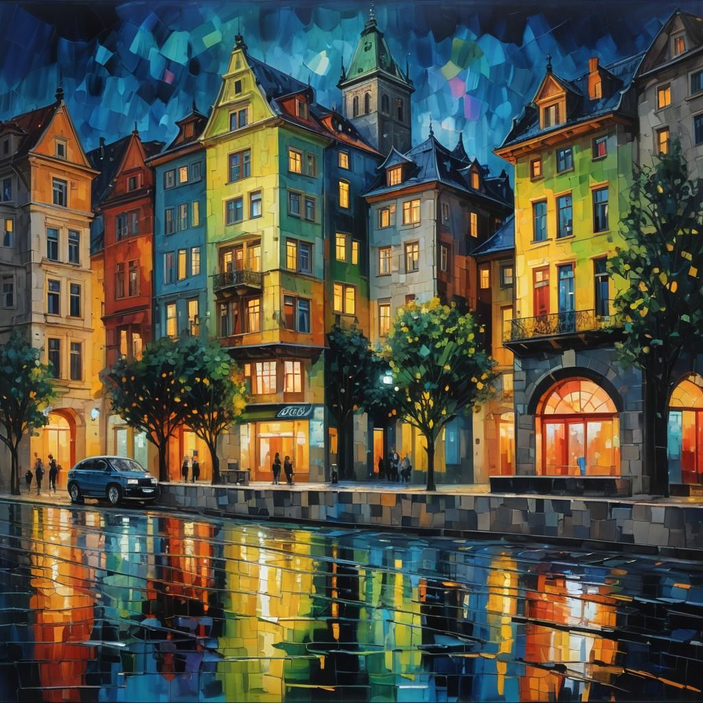 Luxury Prague Villa at Night in Expressionist Style