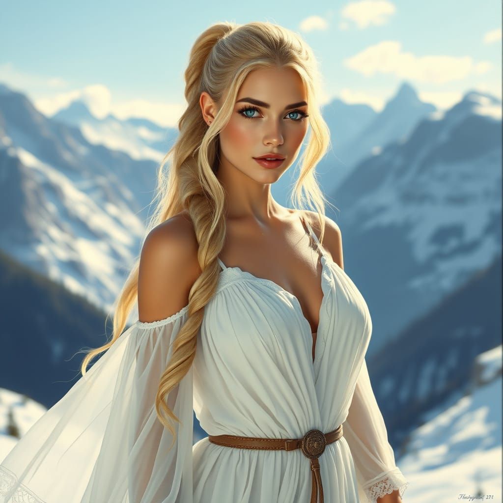 Norse Goddess in Snowy Mountains