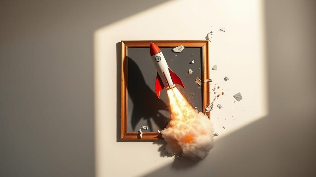 Rocket Breaks Through Frame in Surrealist Style