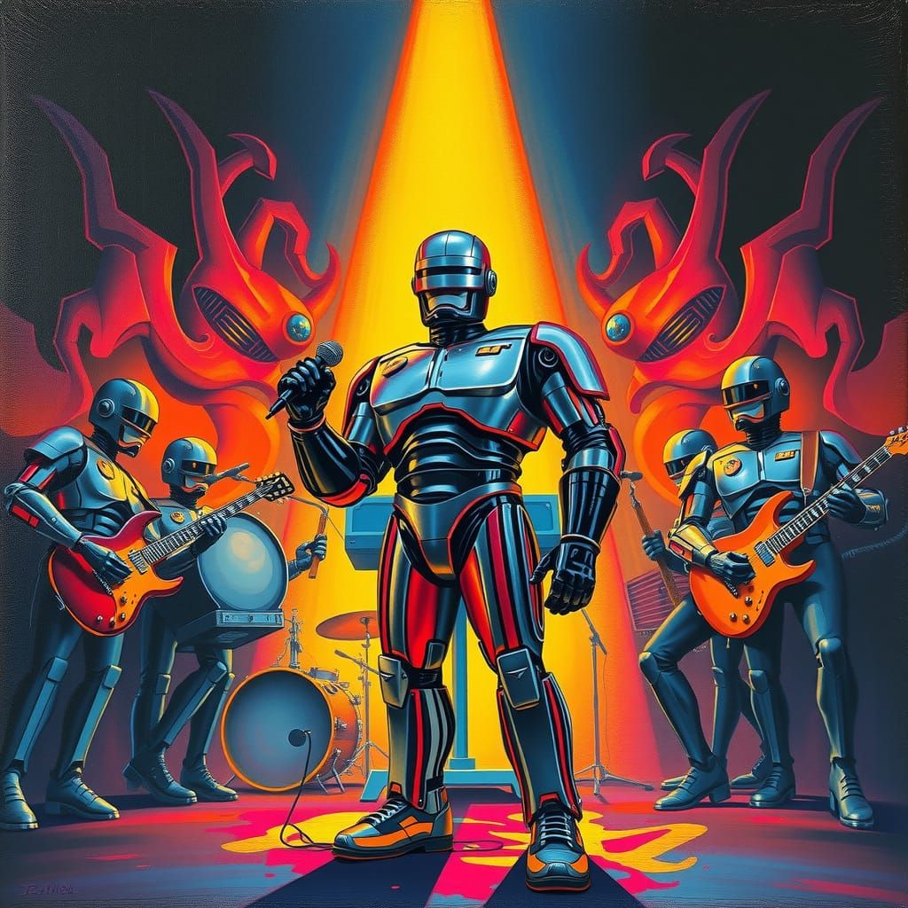 RoboBand: A Futuristic Rock Concert in Vibrant Triadic Color...