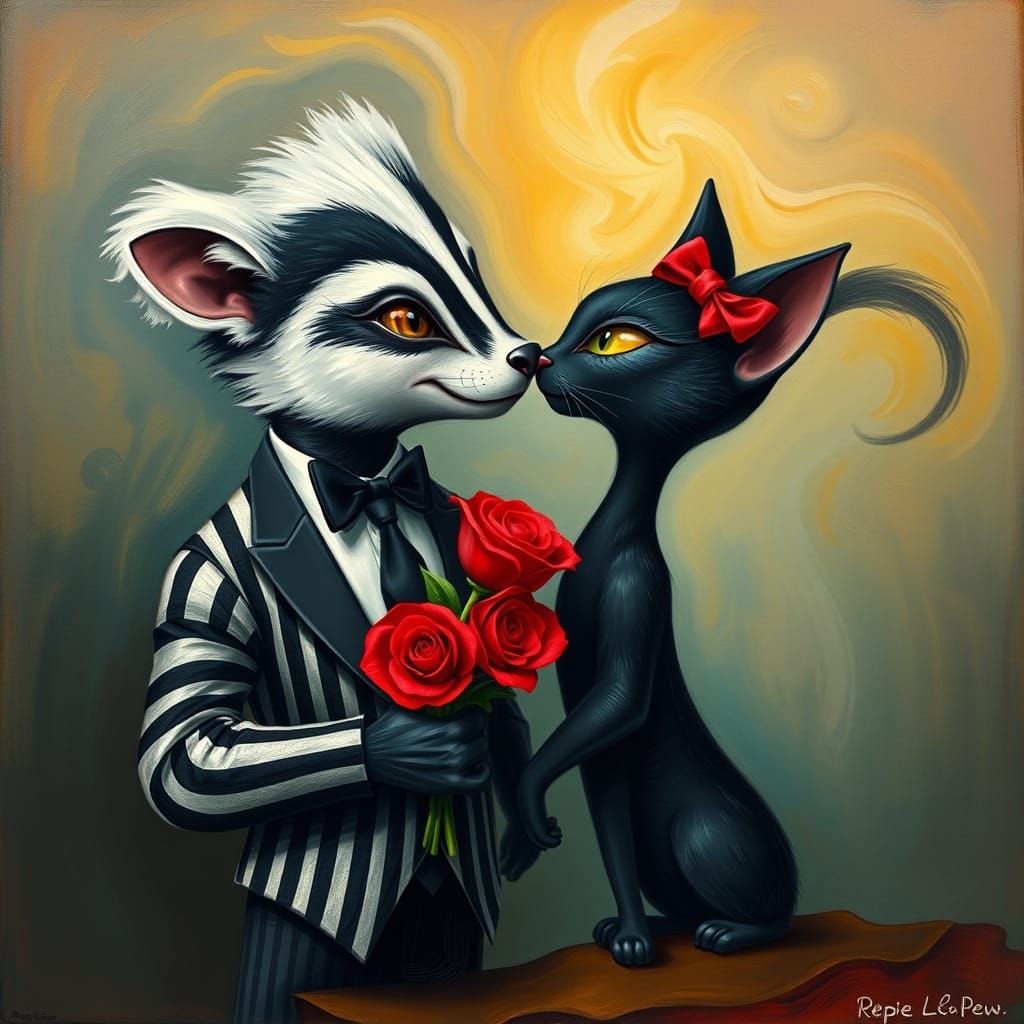 Suave Skunk Wins Heart of Elegant Cat in Surrealist Dream