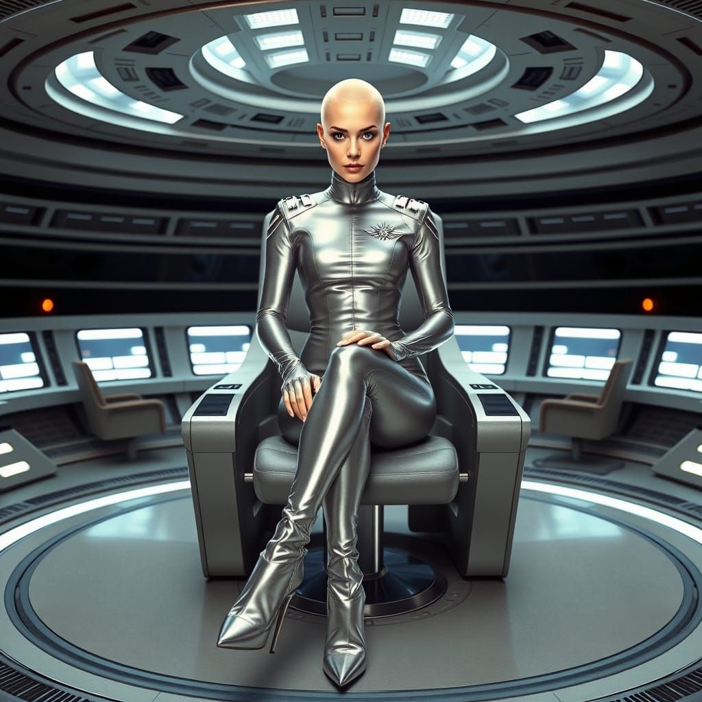 Serious Galactic Agent in Futuristic Starship Bridge