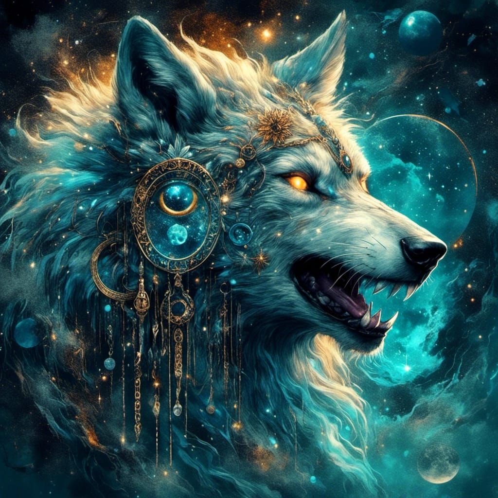 Ethereal Wolf with Jewellery in a Fantasy Art Style