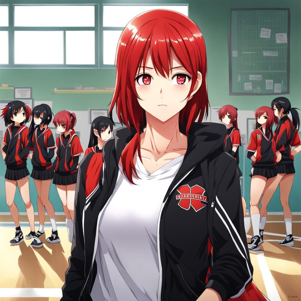 Anime Schoolgirl in Sport Outfit with Red Hair