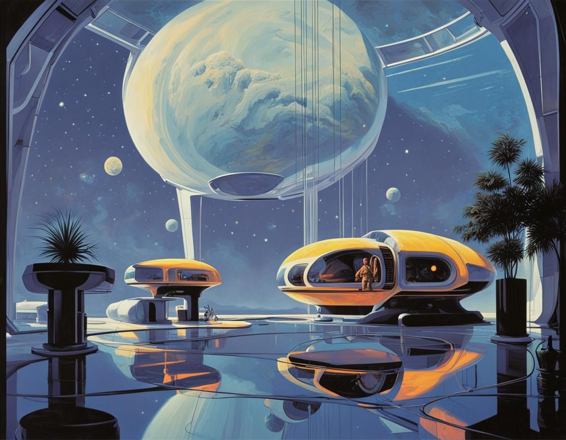 16k resolution, art by Syd Mead, Chris Foss. Zero-gravity living quarters, astronauts floating, compact and futuristic f...