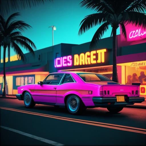 1980s Miami Neon Street Scene Concept Art