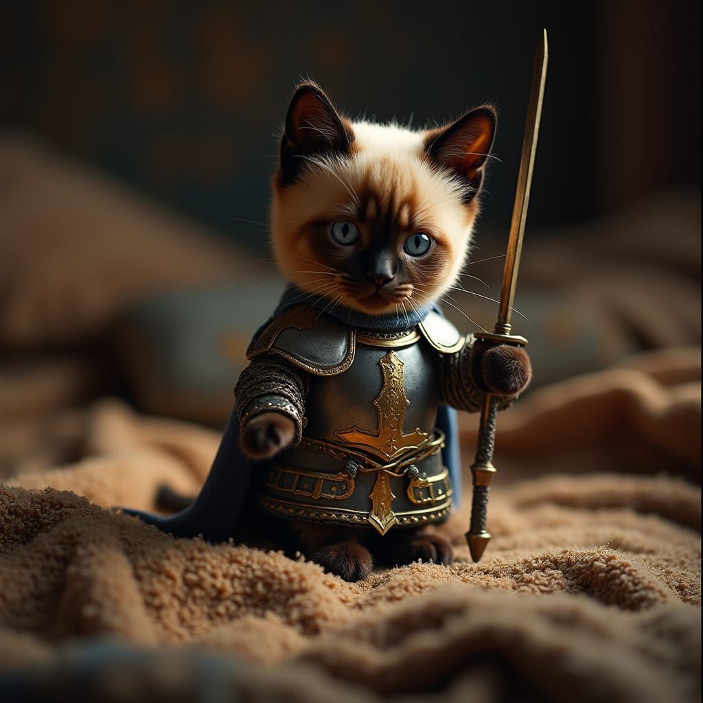 Regal Siamese Cat Plushie in Medieval Armor, Standing Heroic...