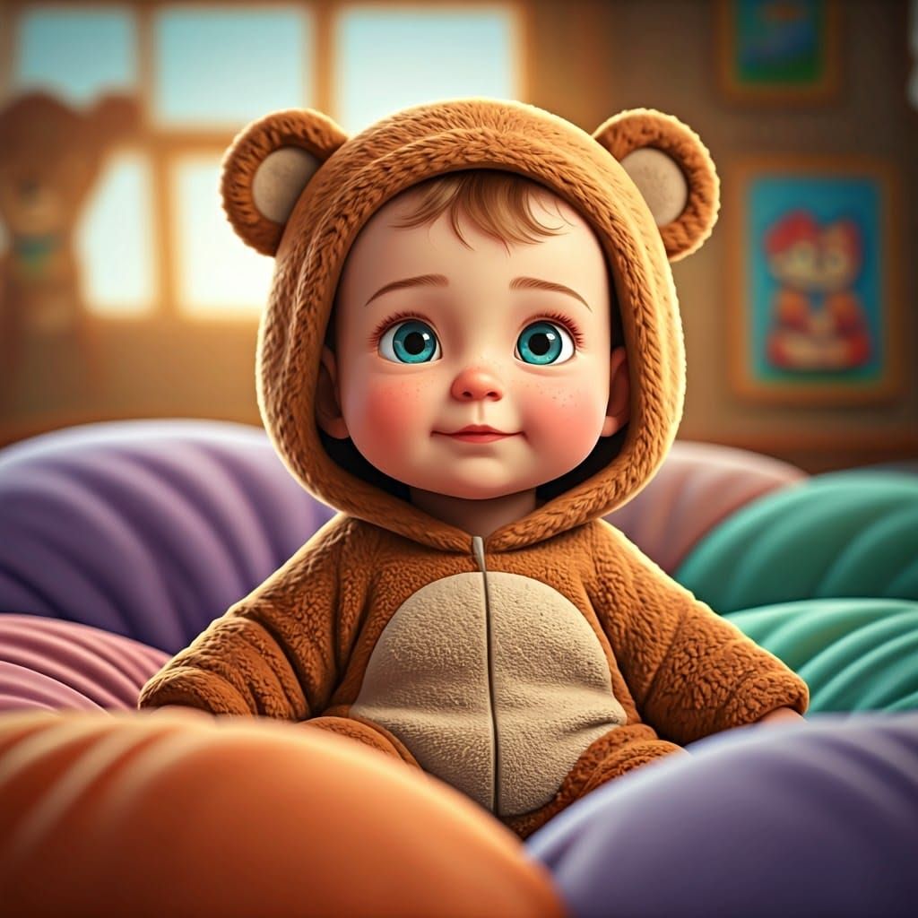 Adorable Baby in Bear Costume, 3D Rendered