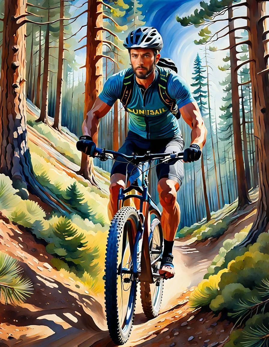 Man Cycling in Pine Forest: Impressionist Gouache Painting