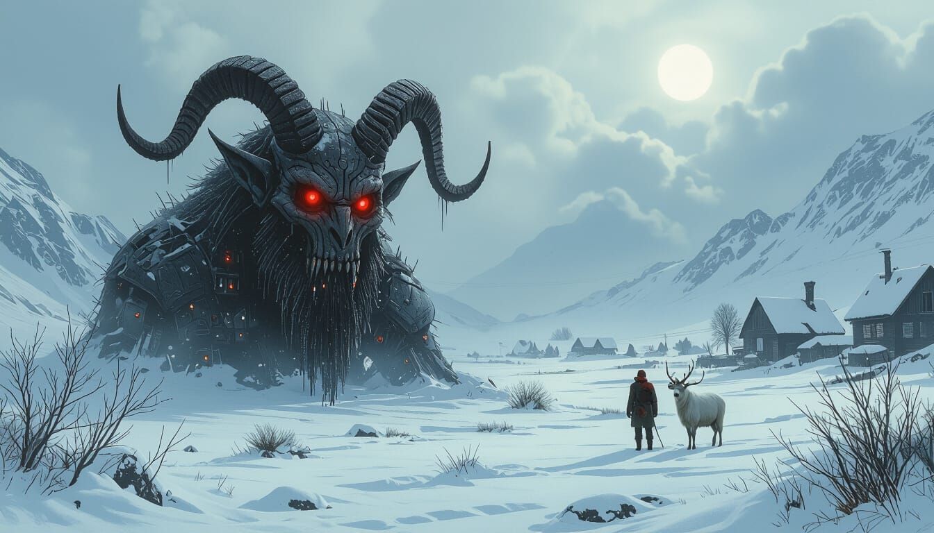 Devil-Man Hybrid in Frozen Gothic Landscape