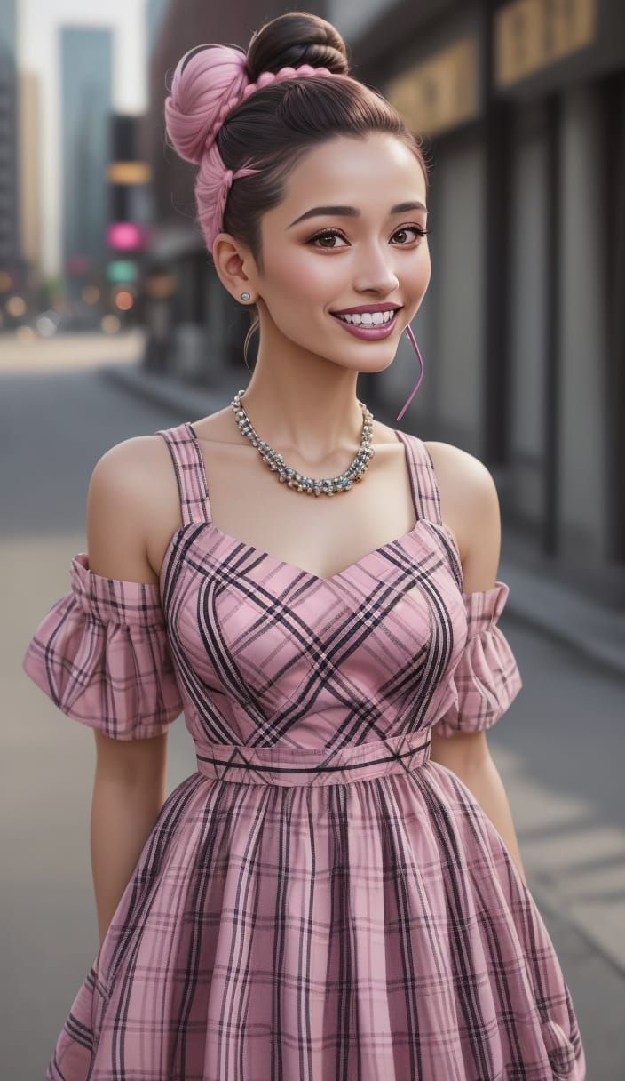 Woman in Pink Plaid Dress, Professional Color Photography