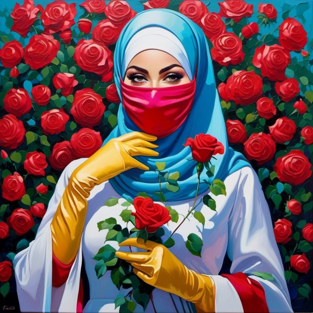 Masked Woman in Rose Garden: Neo-Impressionist Oil Painting