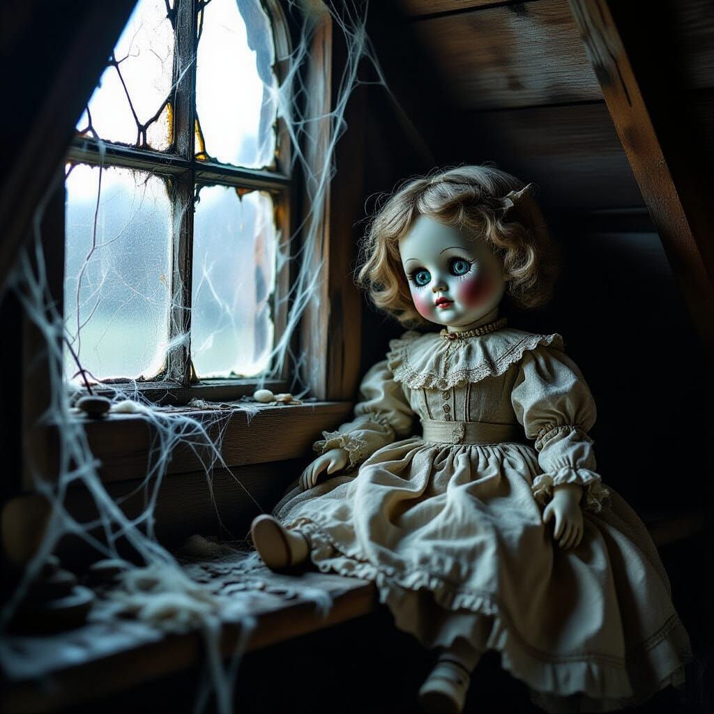 Eerie Porcelain Doll in Moonlit Attic, Gothic Horror Style