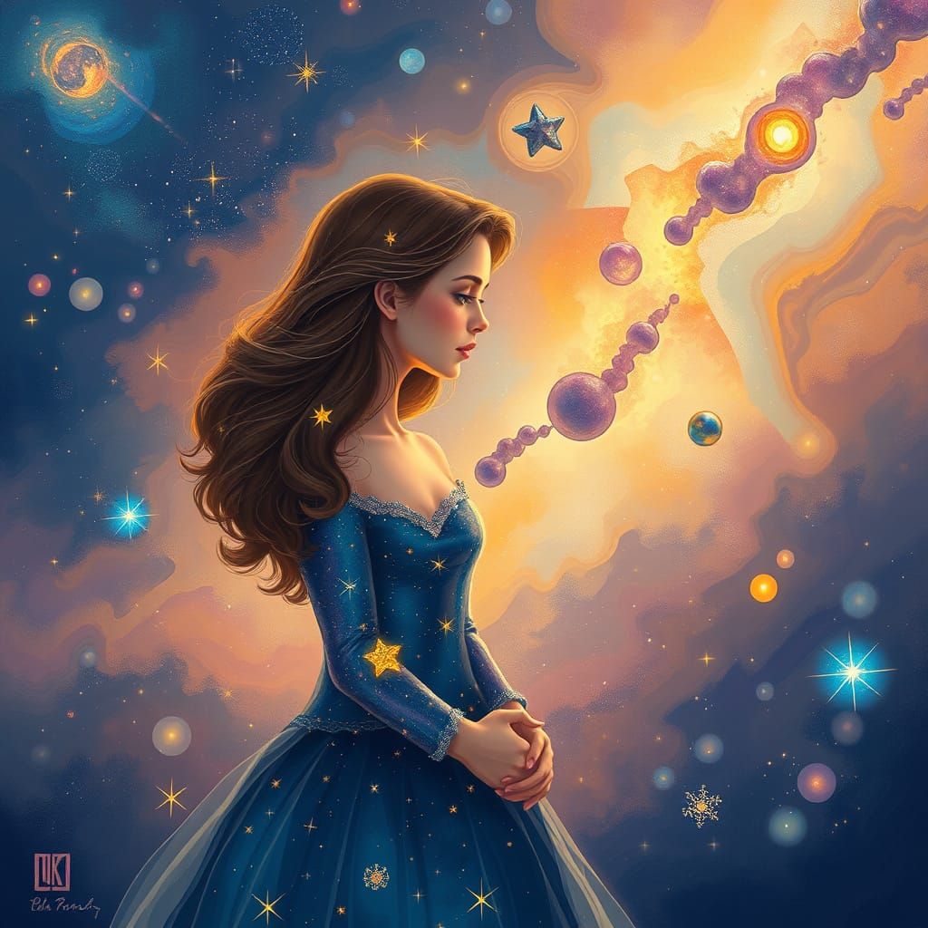 Woman Gazing at Galaxies in Dreamlike Cosmic Art