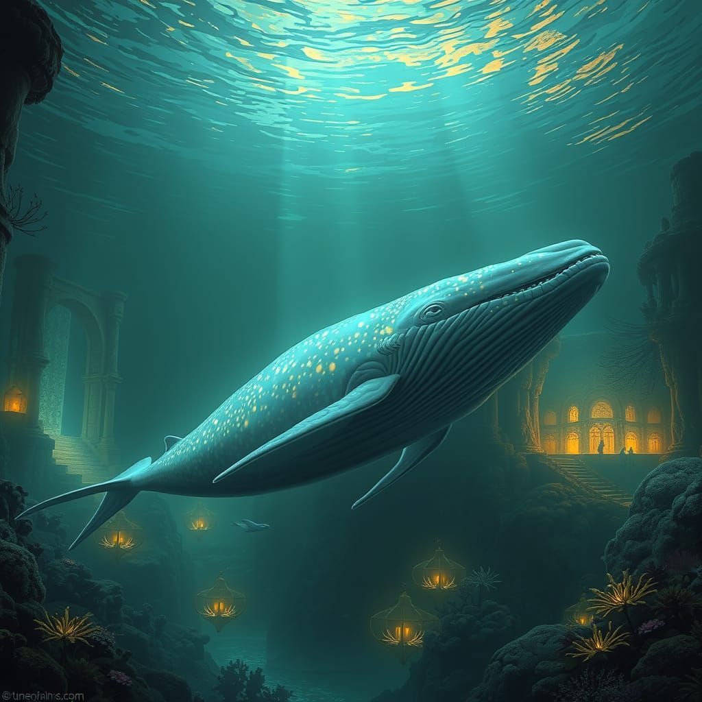 Bioluminescent Whale in Glowing Underwater City