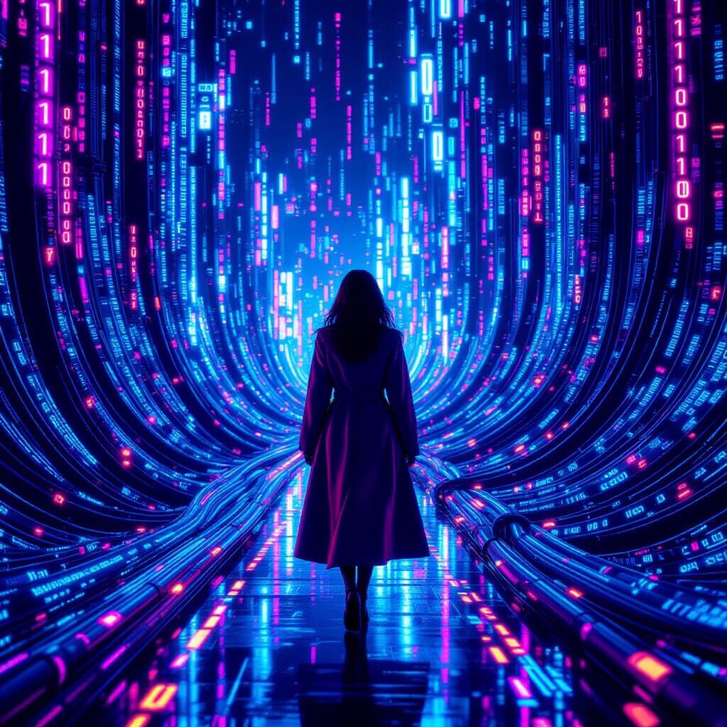 Surreal Intersection: Woman in Fiber Optic River