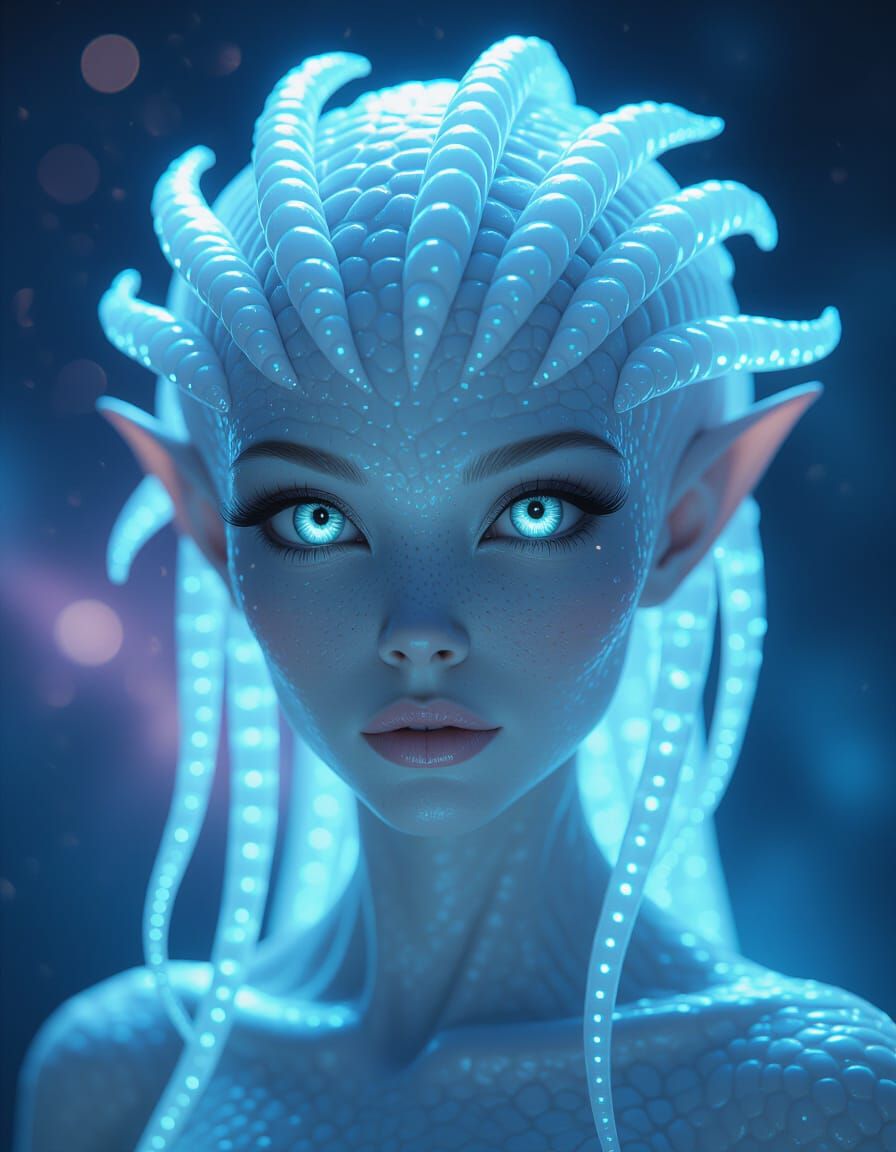 Beautiful Alien with Tentacles & Luminous Eyes in Cosmic Neb...