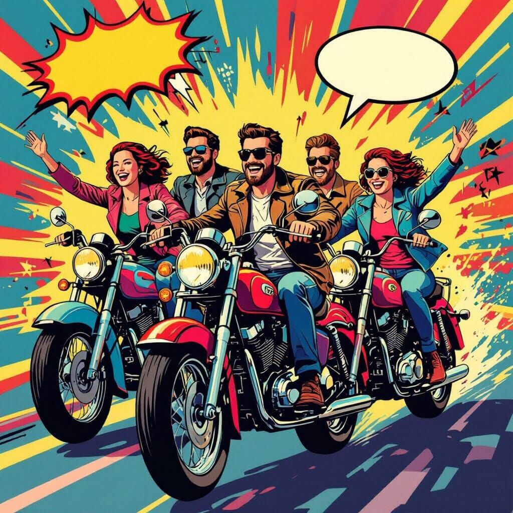 Vibrant Pop Art Scene of People Riding Motorcycles