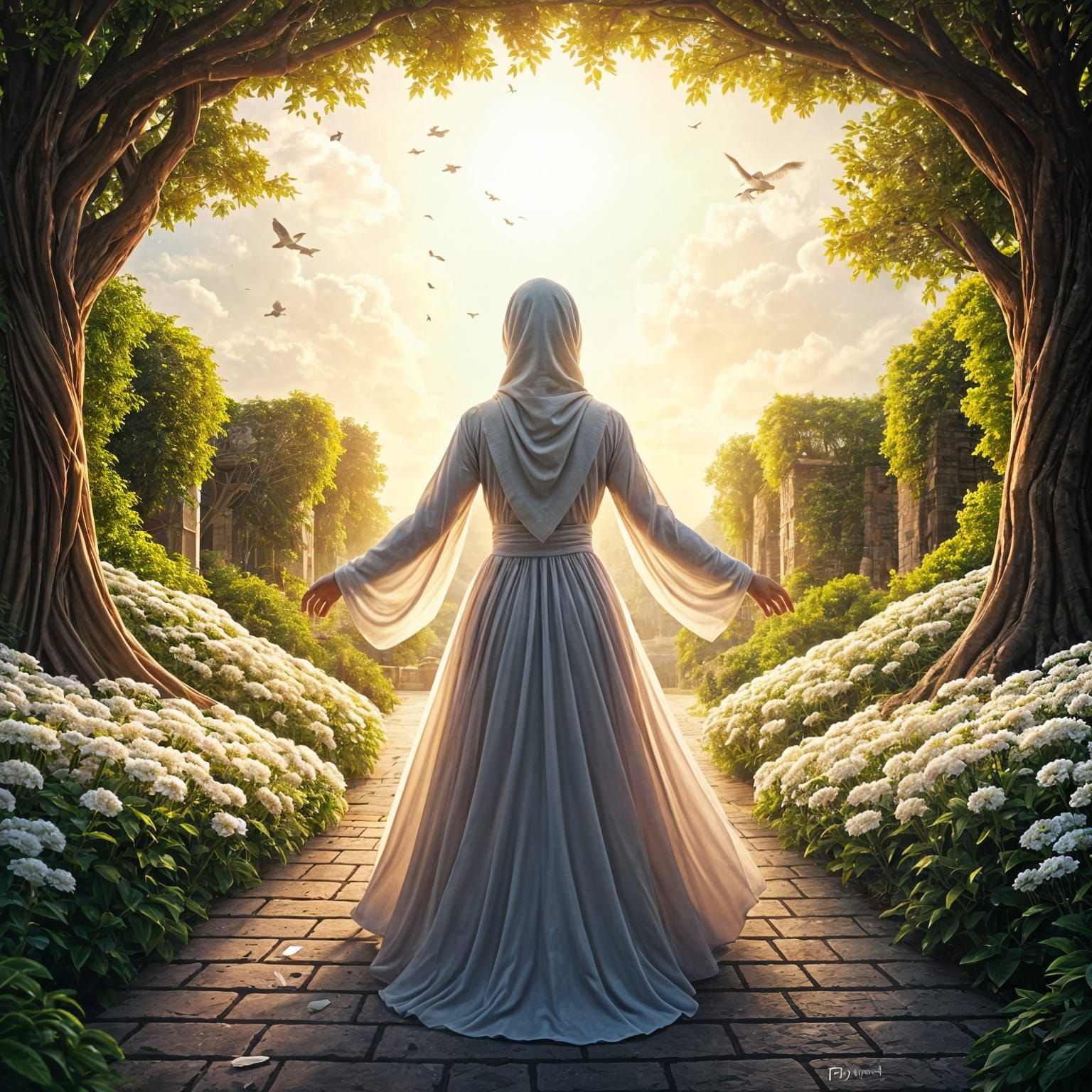 Muslim Woman in White Dress in Flower Garden