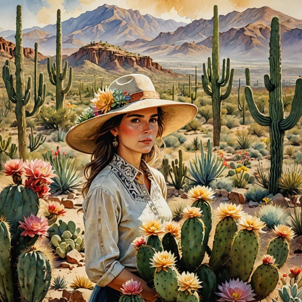 Elegant Woman with Cactus in Watercolor Style