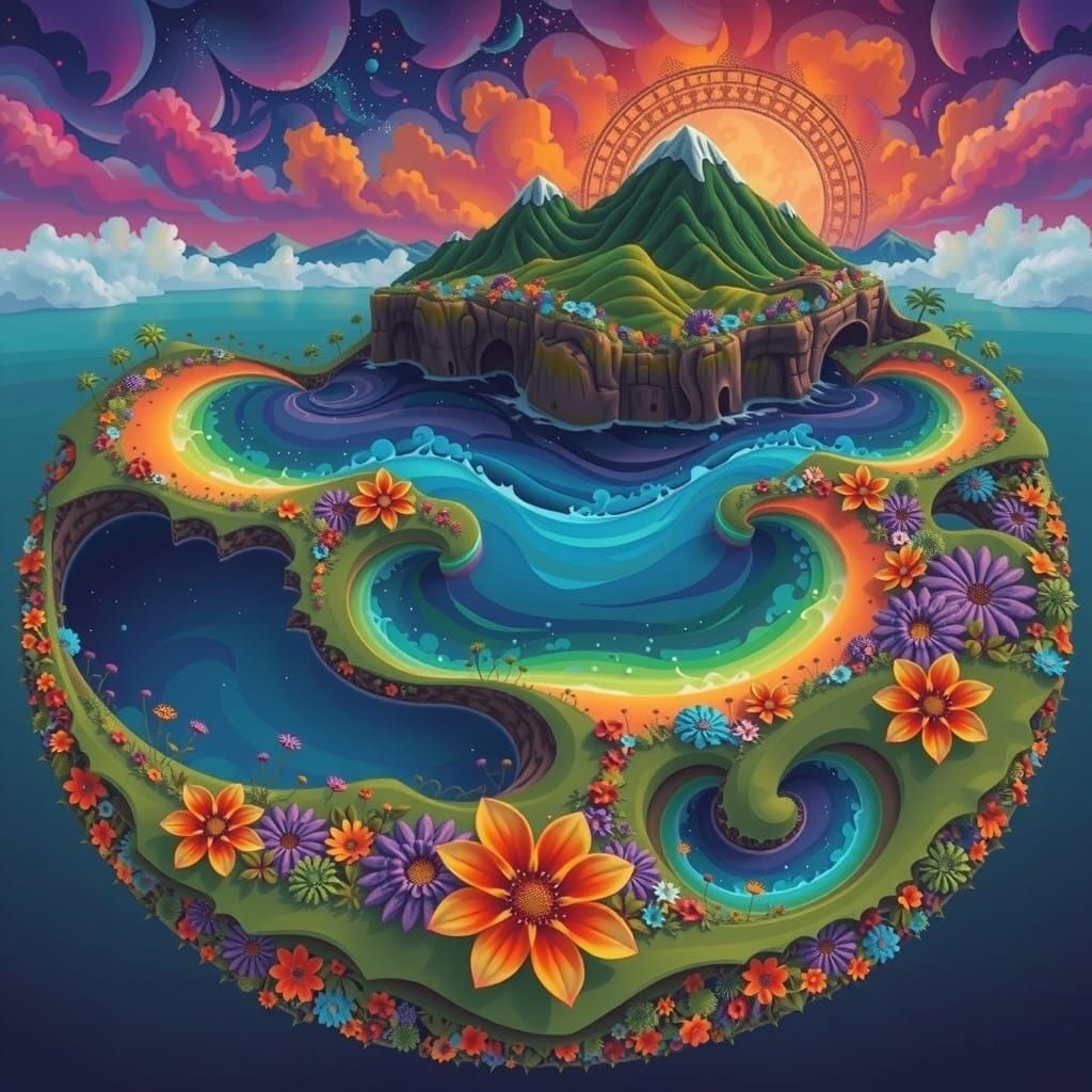 Abstract Fractal Island in Violet Starry Sky