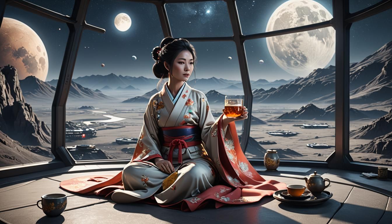 Lunar Tea: Chinese Woman in Space, 3D Render