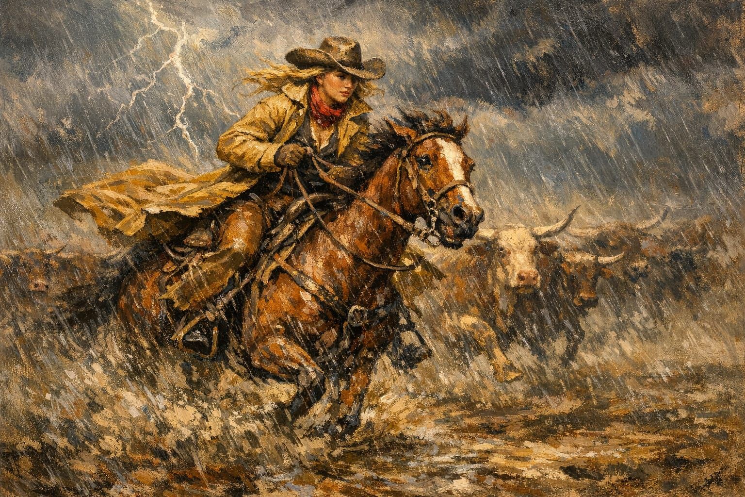 Cowgirl Races Stampede in Thunderstorm Oil Painting