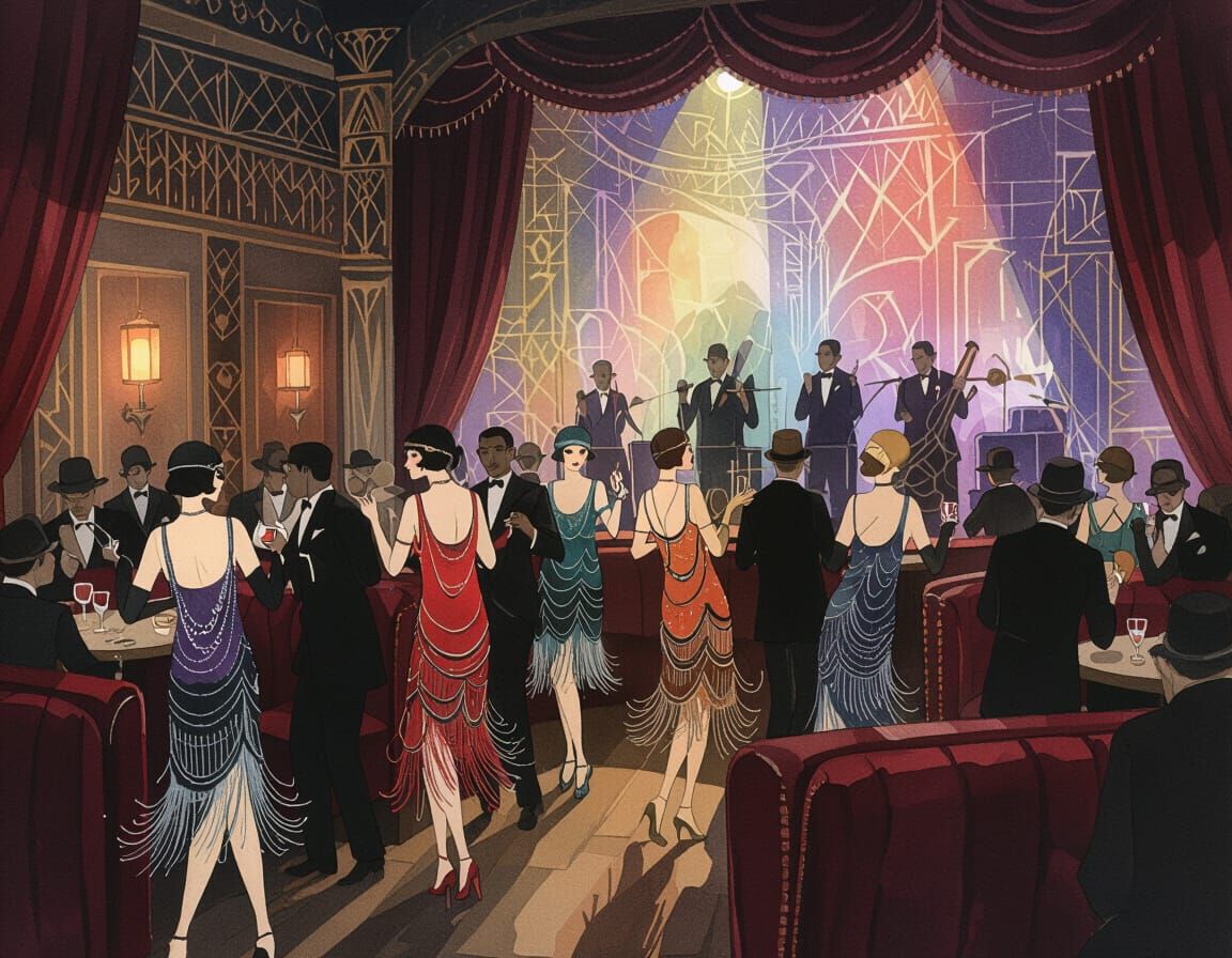 1920s Speakeasy Scene in Expressive Watercolor Style