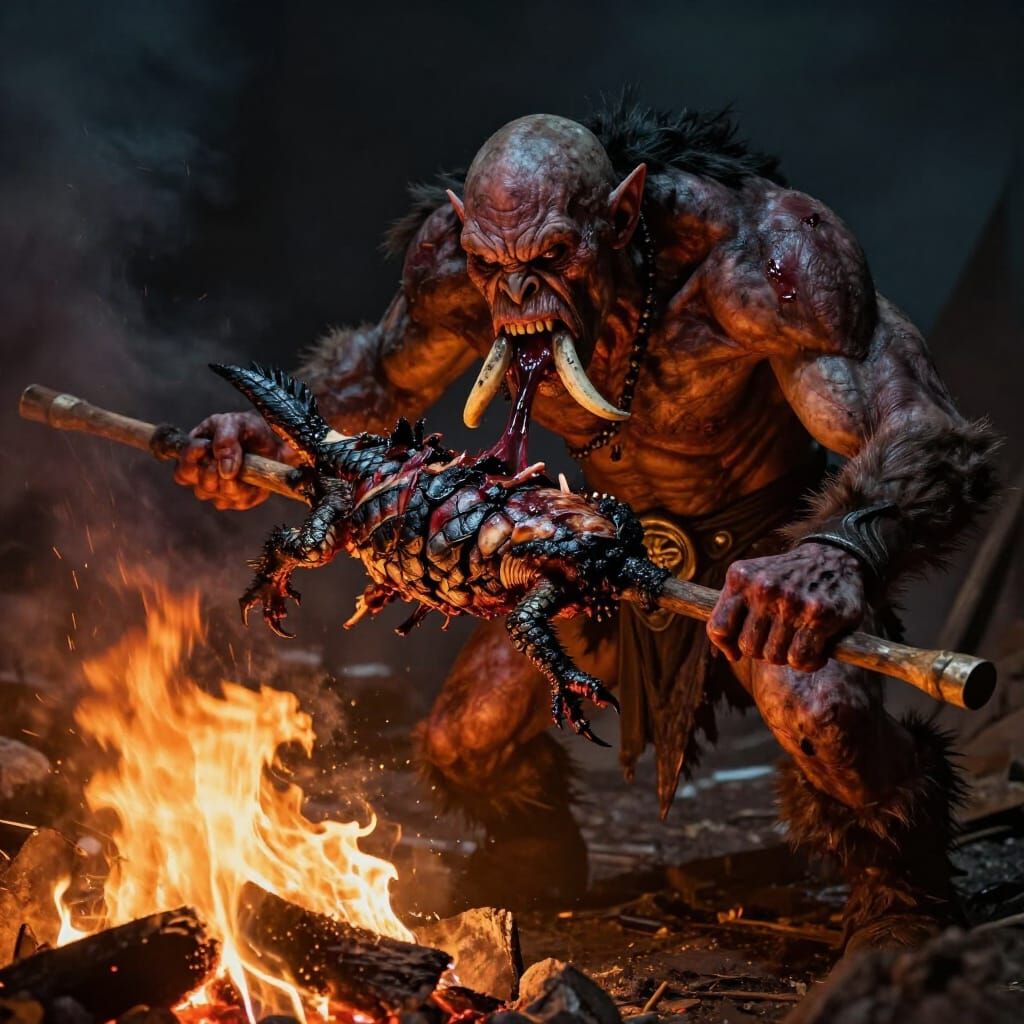 Orc Devouring Roasted Reptilian in Dark Fantasy Style