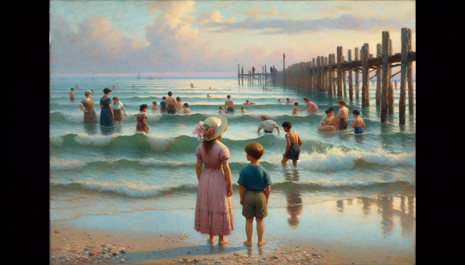 Idyllic Beach Scene in Impressionist Style