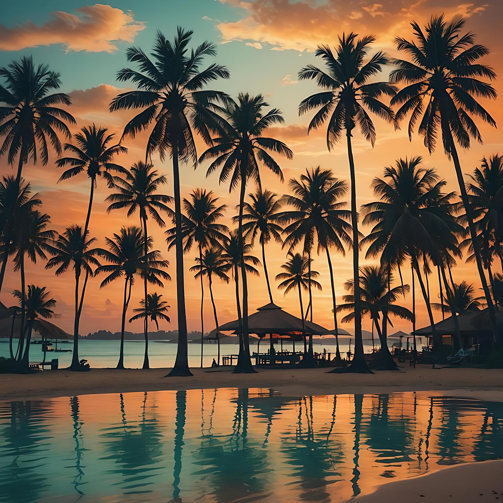 A beautiful wide-angle shot of a tropical beach at sunset. P...