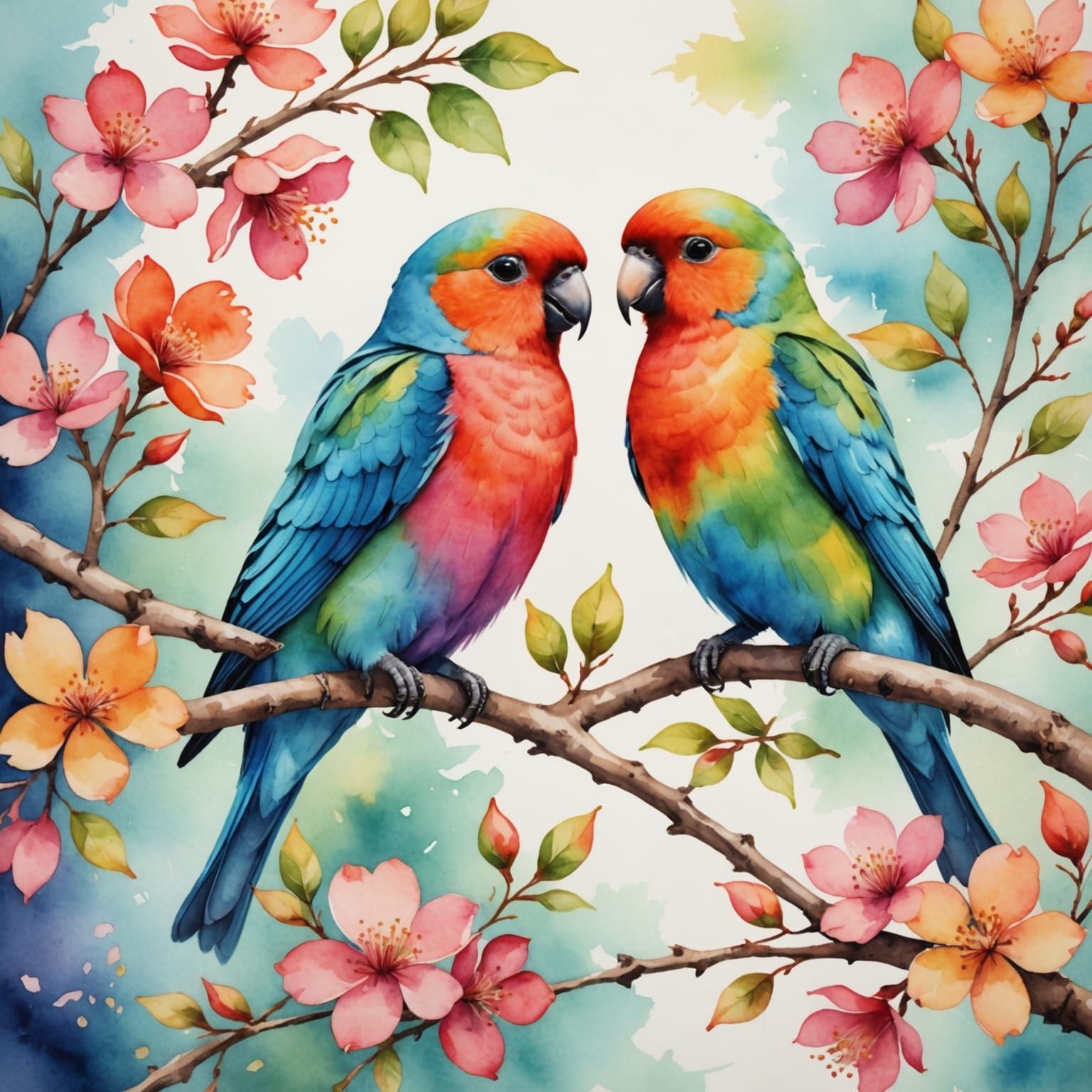 Two Lovebirds on Flowery Branch in Vibrant Watercolor Style