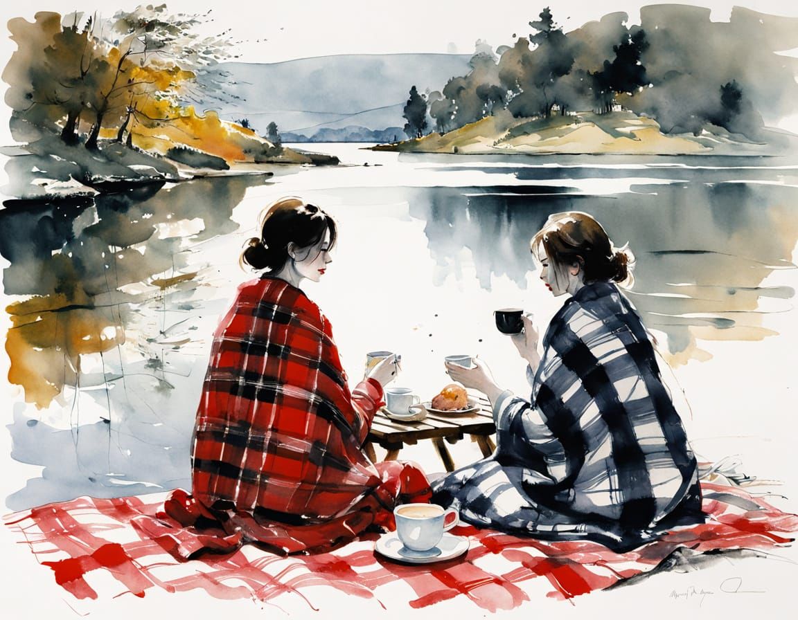 Romantic Lake Picnic in Whimsical Watercolor Style
