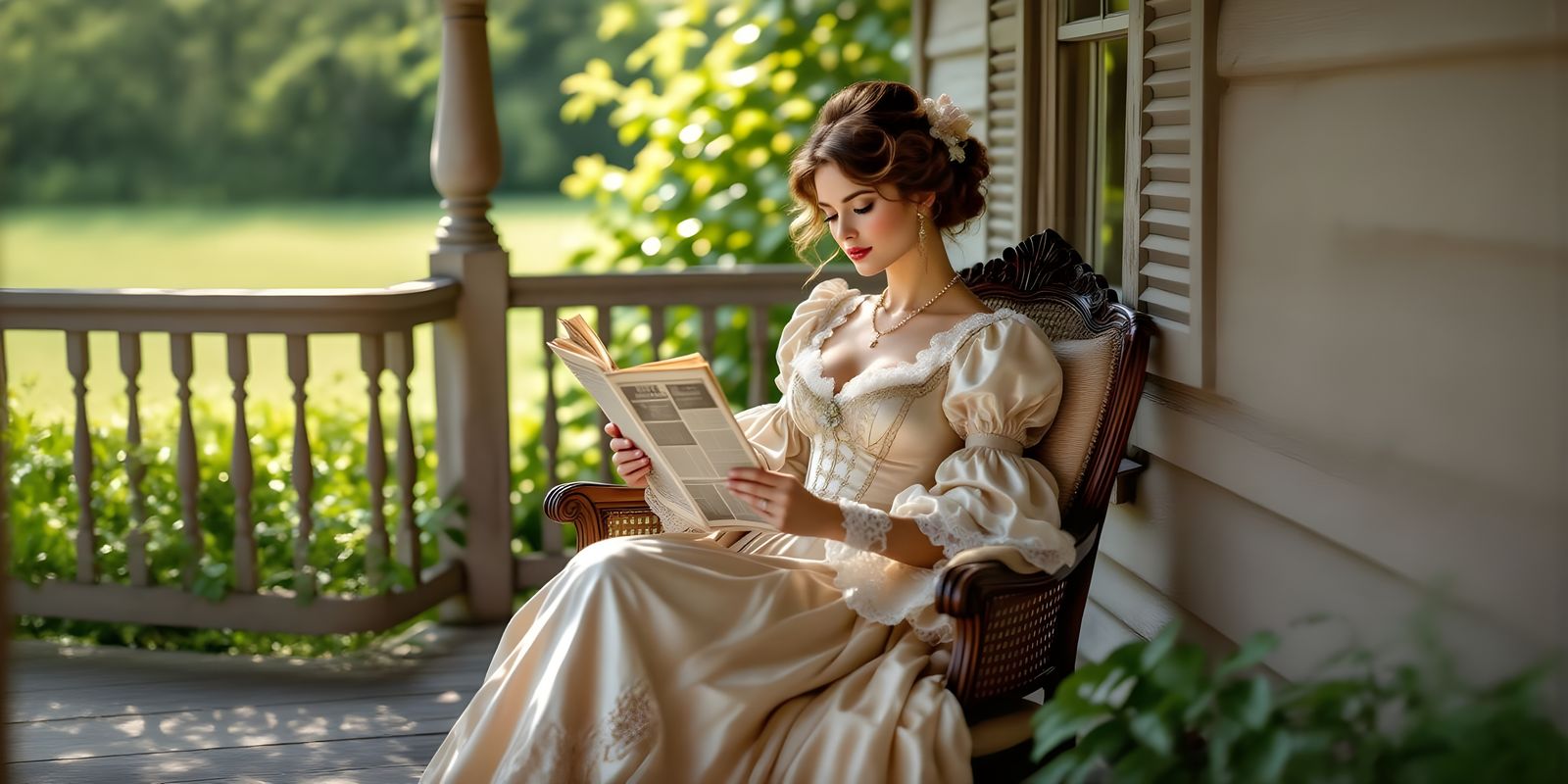 Victorian Lady Reading on Sunny Porch