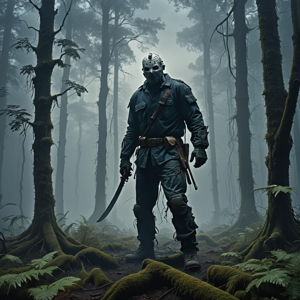 Jason Voorhees in Misty Forest: Dark Fantasy Art