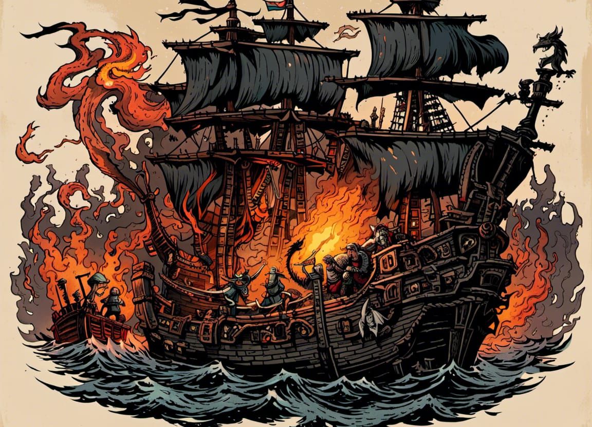 Dragon Sets Fire to Pirate Ship in Darkest Dungeon Style
