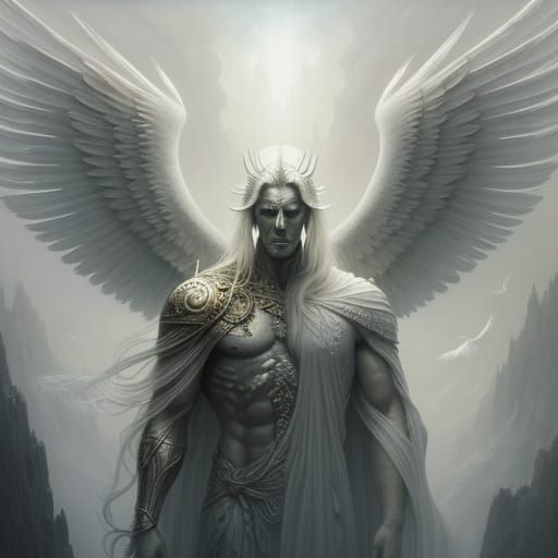 Ivory Muscular Angel with Feathered Wings in Dreamlike Lands...