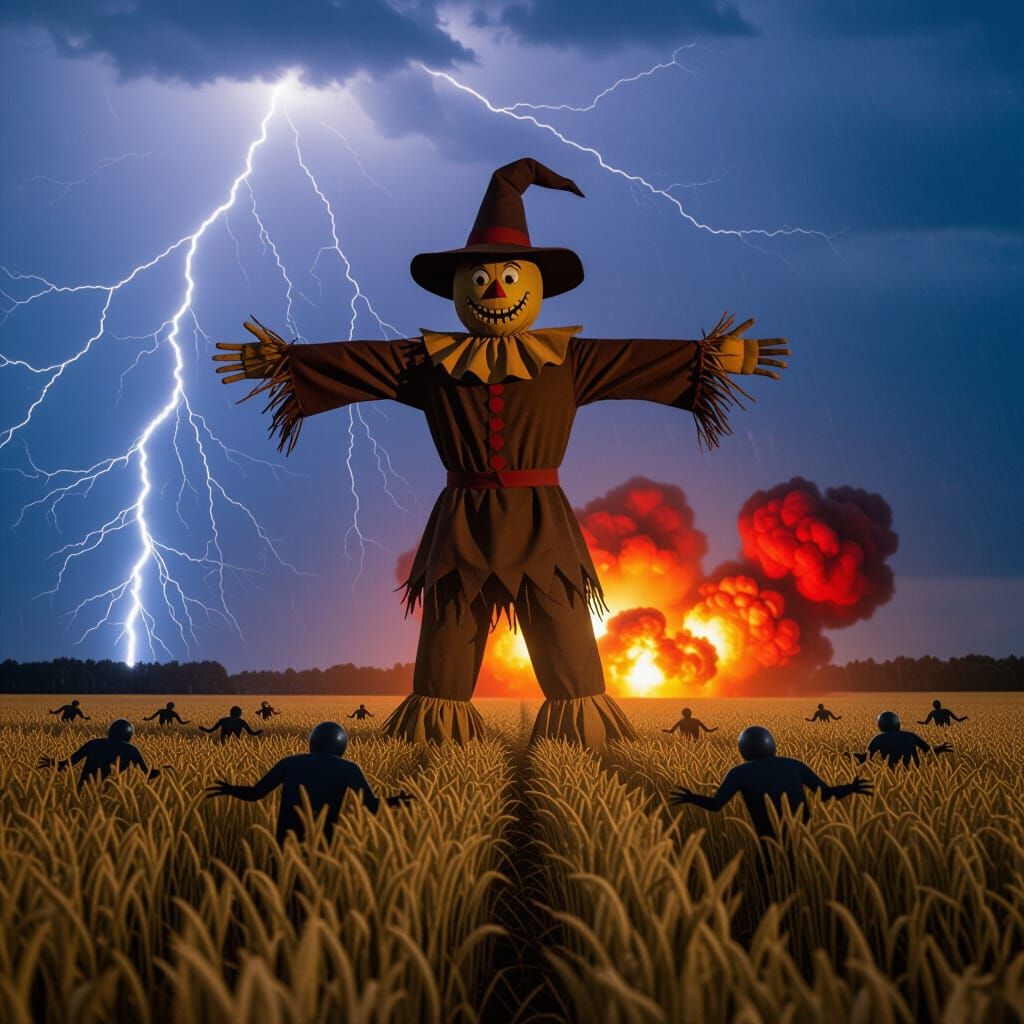 Giant Scarecrow in Stormy Farm Field with Lightning