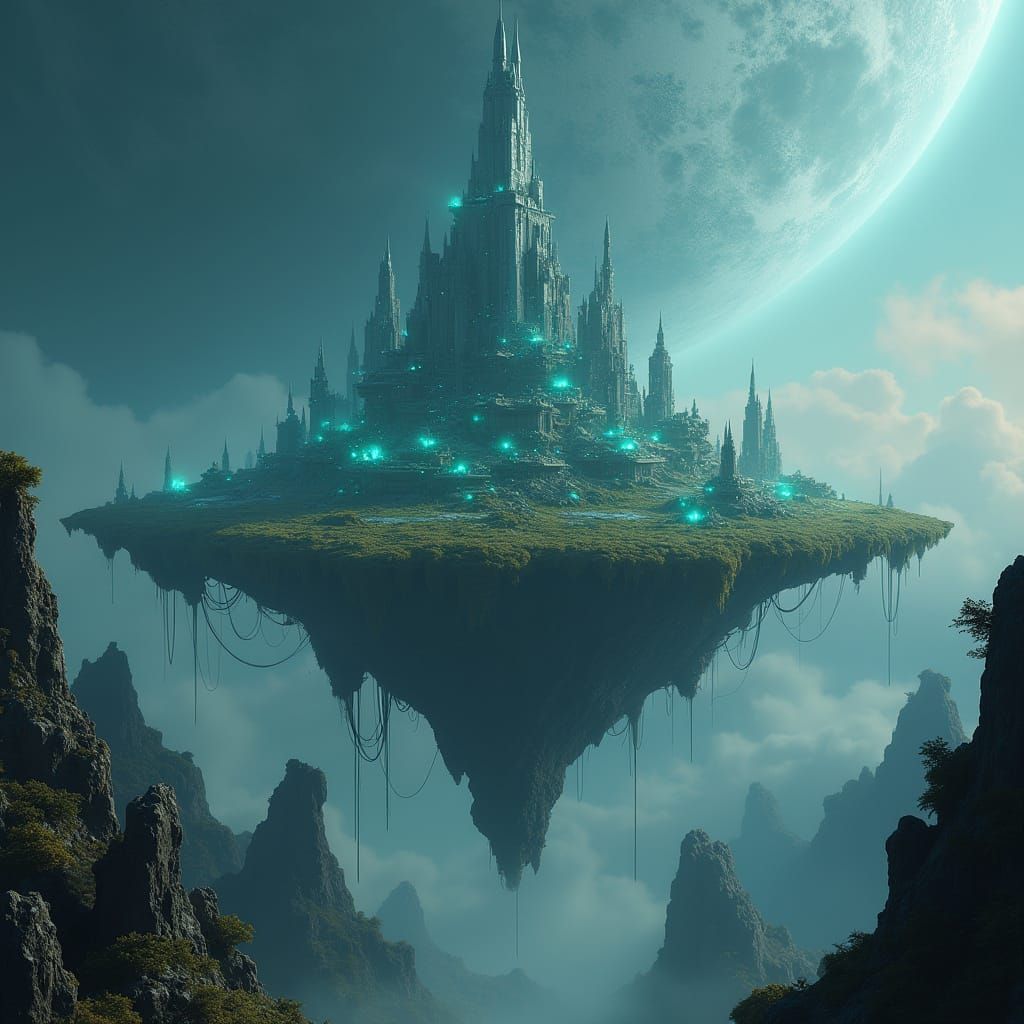 Futuristic City on Floating Island in Cosmic Nebula