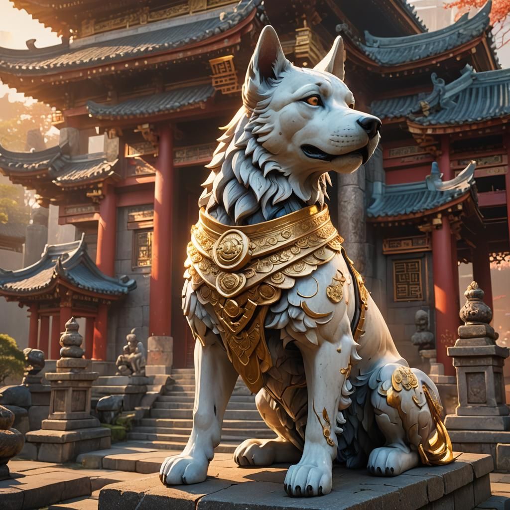 Mystic Anime Guardian Dog Statue in Asian Temple