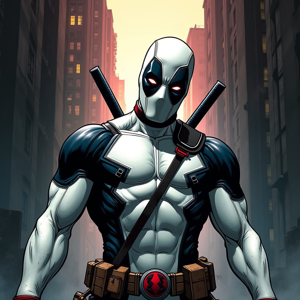 Deadpool in White Attire with Red Eyes, Comic Book Style