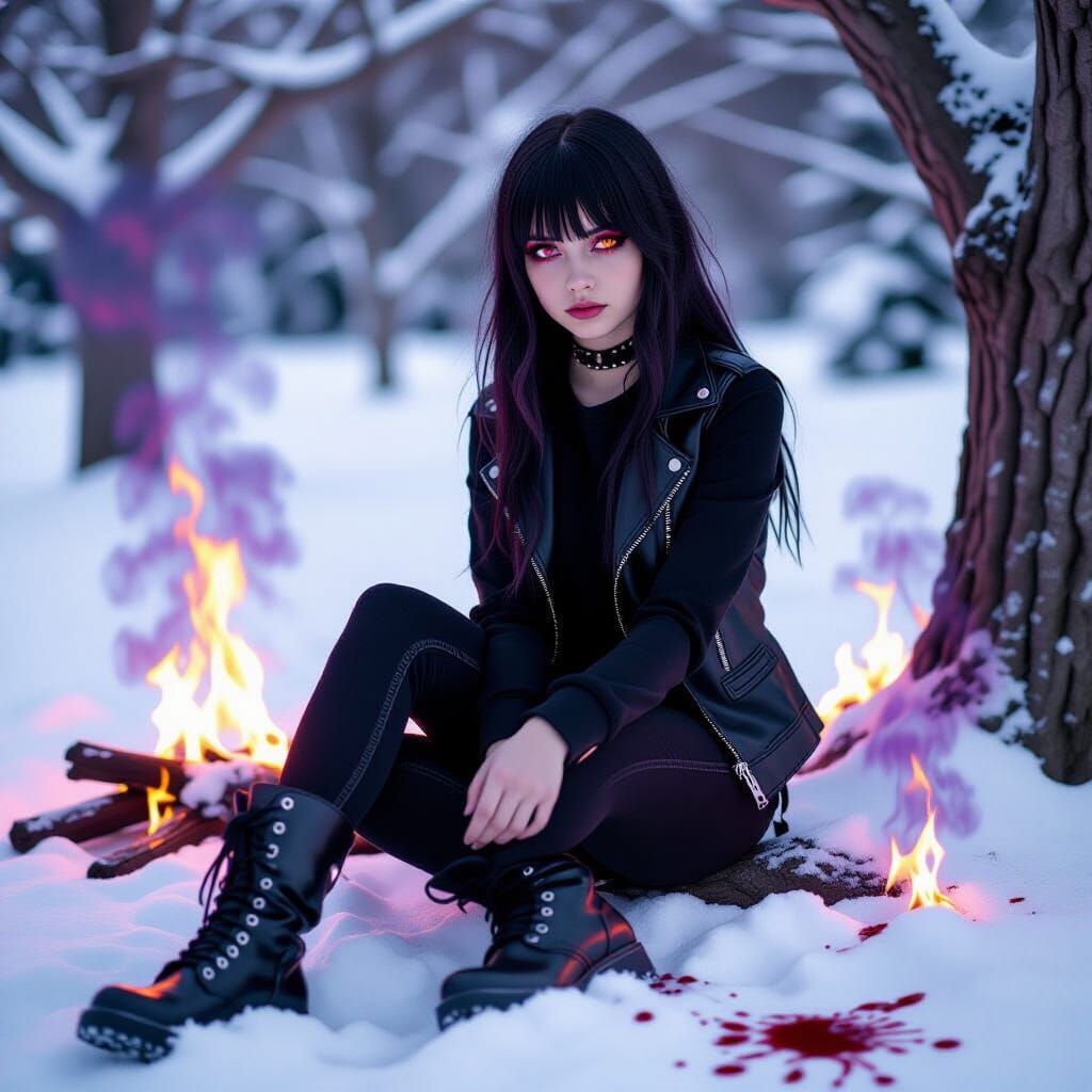 Girl in Black Amidst Burning Snowfall