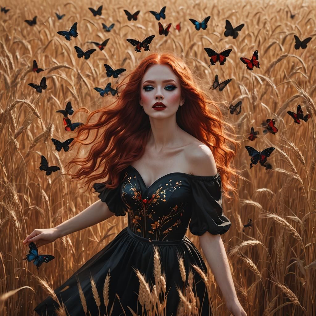 Goddess in Wheat Field with Butterflies, Fantasy Art