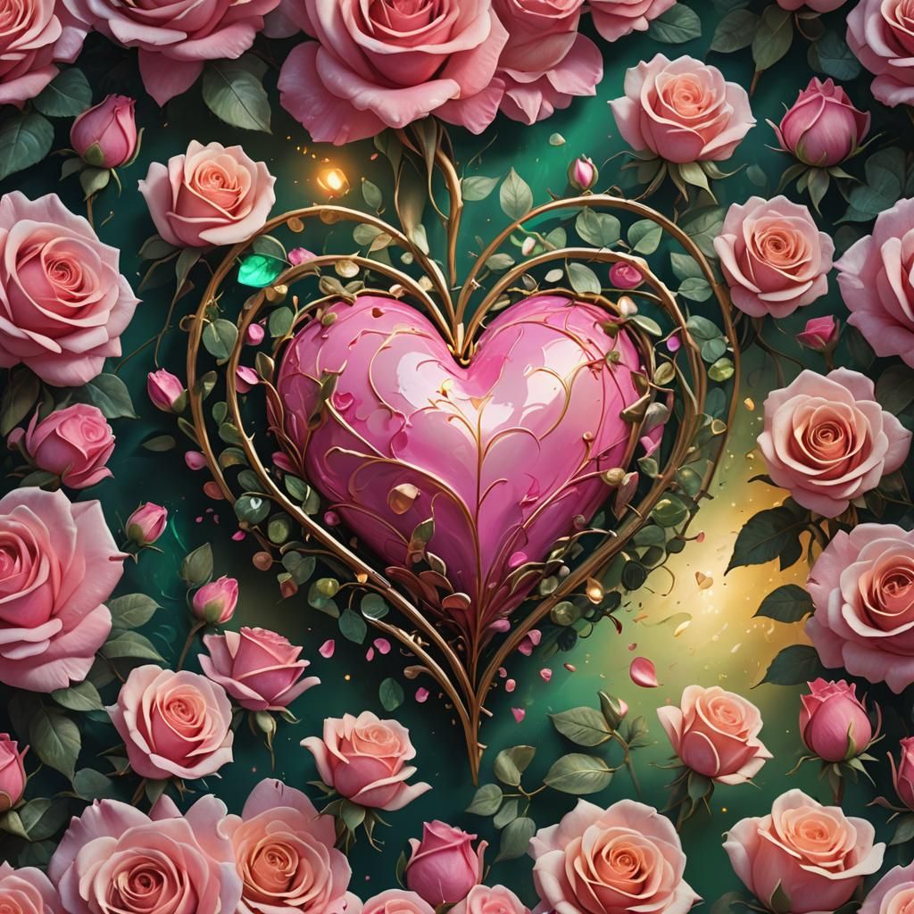 Emerald Roses Surround a Glowing Pink Heart